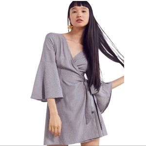 UO Ecote Striped Bell-Sleeve Wrap Dress Size Small